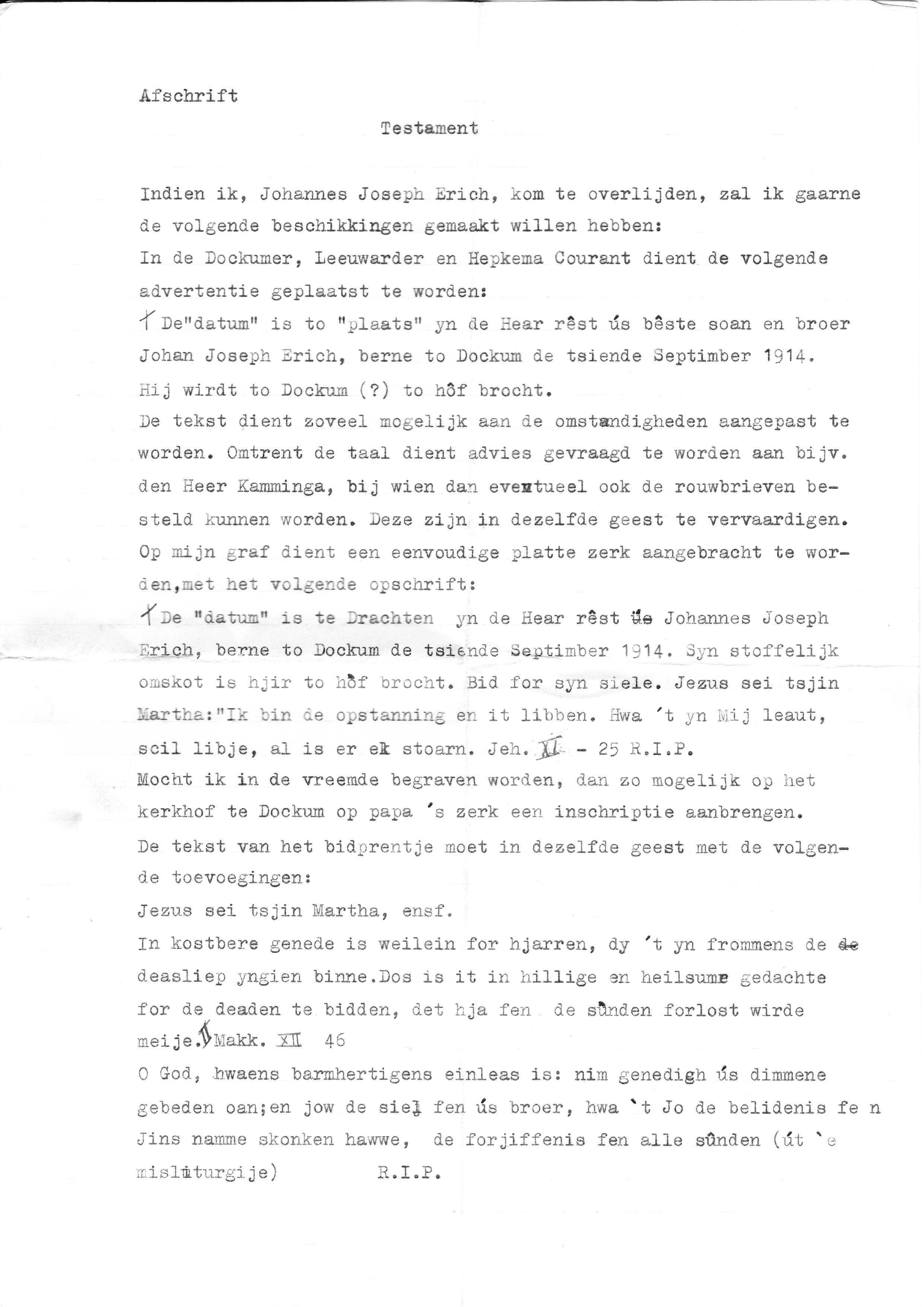 Het testament van Johannes Joseph Erich
